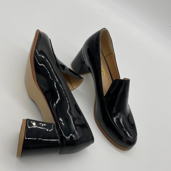 NWOT Glossy Black Heels Closed Round Toe Pumps Maryjane Block Heel Chunky - Picture 1 of 8